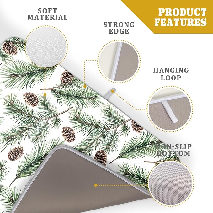 Winter Dish Drying Mat for Kitchen Counter Pine Needle Cone Festival Xmas Microfiber Absorbent Dish Draining Reusable Washable Foldable Extra Large 18"x24"