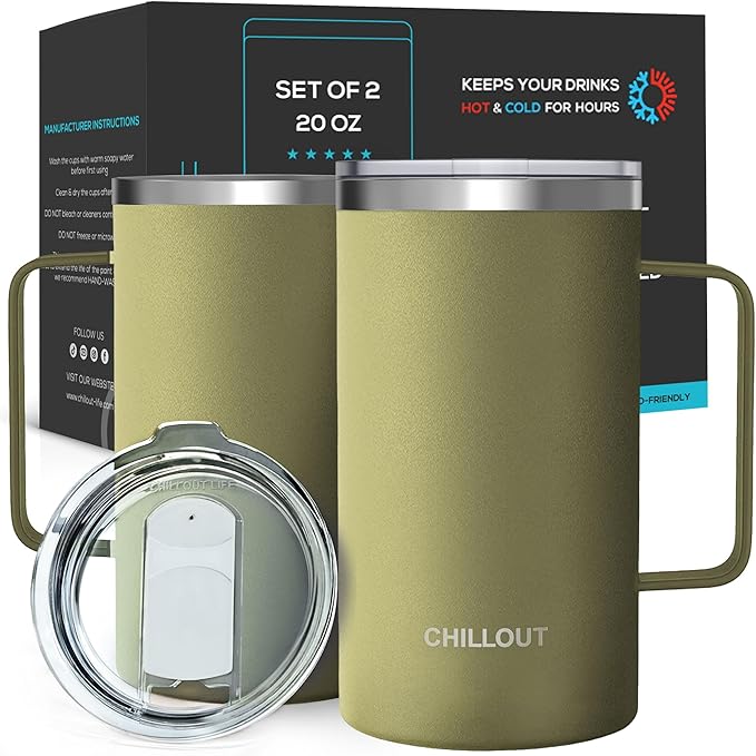 CHILLOUT LIFE Stainless Steel Vacuum Insulated Coffee Mug 16 oz (Set of 2) with Handle and Lid, Large Thermal Camping Coffee Mugs with Sliding Lid for Men & Women, Keeps Your Beverages Hot & Cold