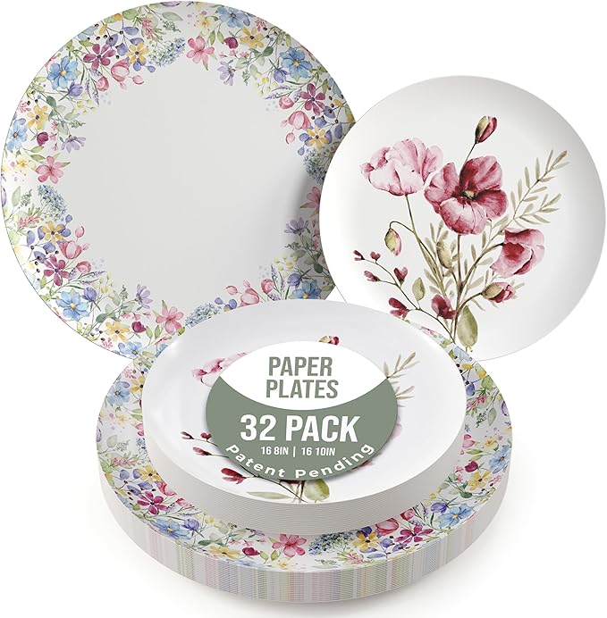 Trendables Heavy Duty Paper Plates Set For 16 Guests - 16 Each Of 8-inch And 10-inch Disposable Plates For Party - Fancy 32 Piece Dinnerware Set For All Occasions | Floral Design, Provincial