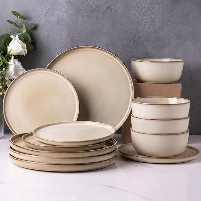 AmorArc Ceramic Dinnerware Sets,Round Reactive Glaze Stoneware Plates and Bowls Sets,Highly Scratch Resistant | Microwave & Dishwasher Safe,Service for 8 Dishes Set (24pc)