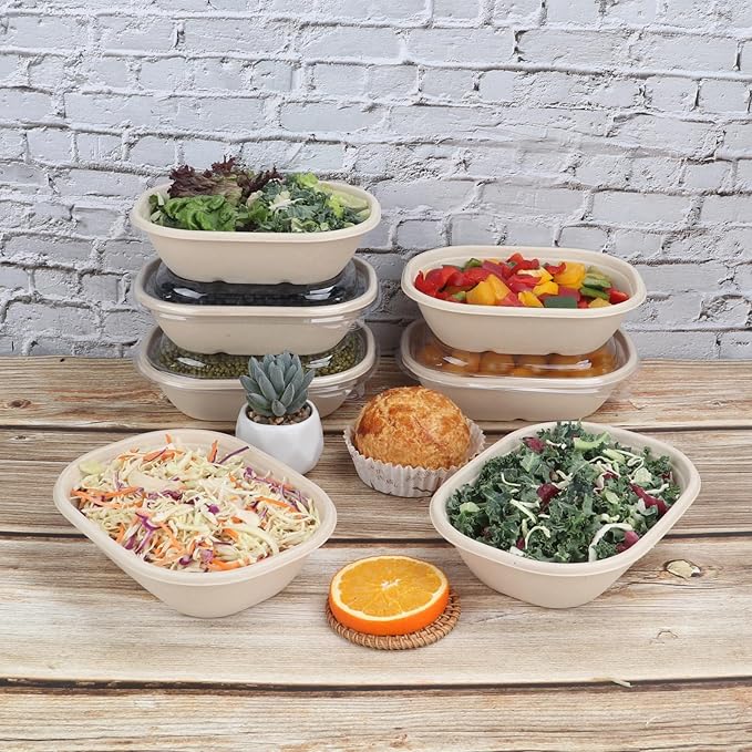 20 oz Disposable salad bowls with lids, Sugarcane Fiber Paper Bowls take away Bagasse food containers meal prep deli container 50 Pack