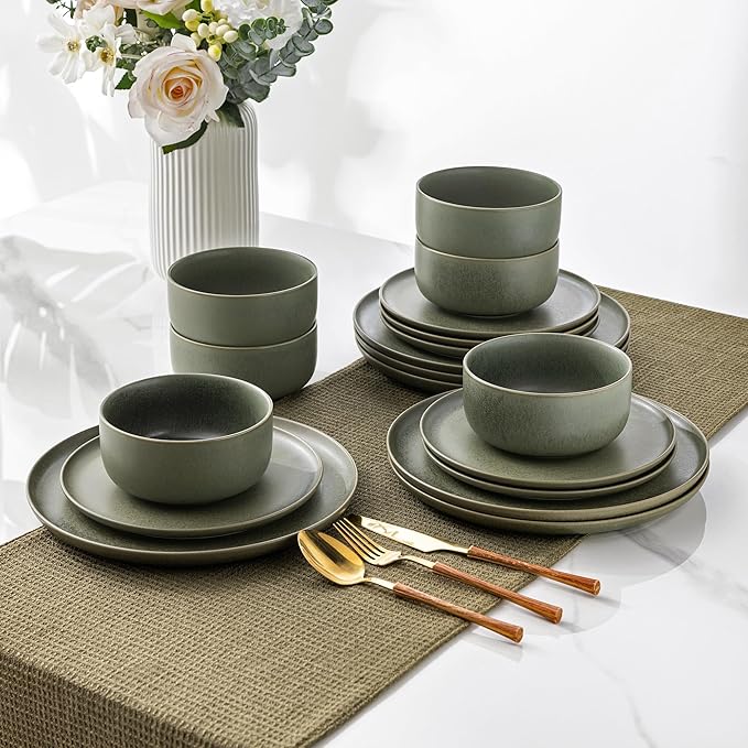 LERATIO Stoneware Dinnerware Sets for 4,Handcarft Ceramic Plates and Bowls Sets,Chip and Scratch Resistant Dishes, Dishwasher & Microwave Safe, Oven safe,Reactive Glaze-Green