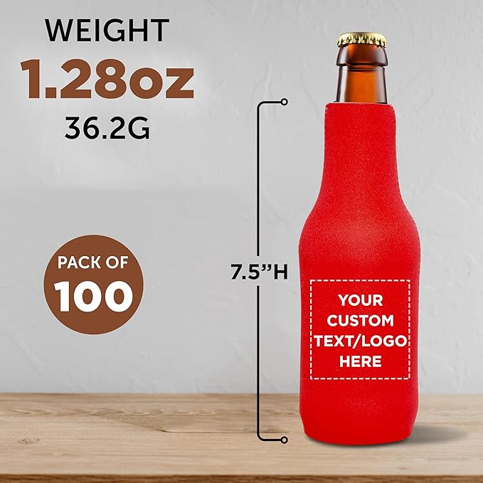 100 Neoprene Zippered Beer Bottle Coolies Pack - Customizable Text, Logo - Sharkskin Rubber Bottom - Red