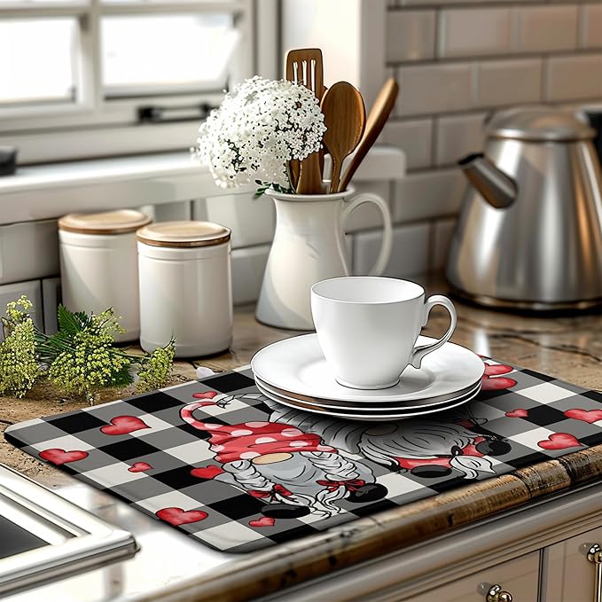 Valentine Gnome Hearts Dish Drying Mat Valentines Gnomes Dishes Dryer Mats for Kitchen Countertop 18x24 Inches Under Coffee Maker Drainer Matt Microfiber Large