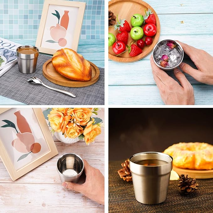 Beasea Mini Stainless Steel Cups, 6 oz Set of 4 Metal Drinking Cups, Stackable 304 Stainless Steel Cups Double Wall Small Metal Insulated Drinking Cups Glasses for Home Restaurant Party Camping