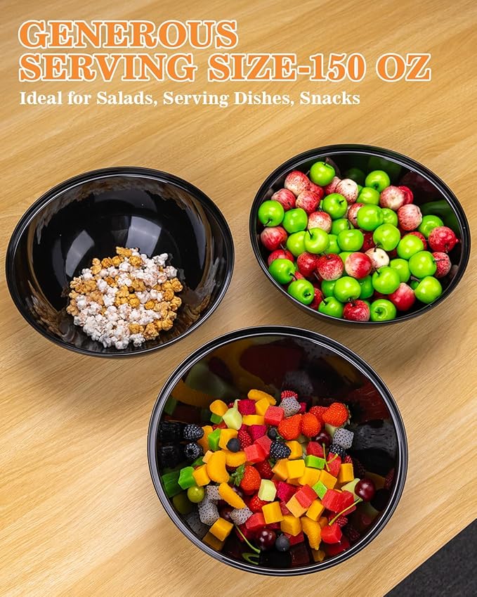 BESTVIP 150oz 4 Pack Black Plastic Serving Bowls for Party, Disposable 11.6" Large Salads Container for Snacks, Chips, Meal Prep, Stackable Candy Dishes for Halloween, Christmas, Holiday, Reusable