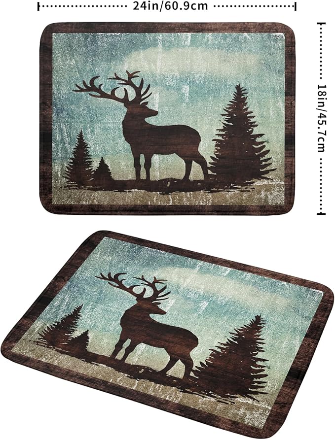 Retro Deer Forest Cabin Silhouette Dish Drying Mat Countertop 18x24 Fall Blue Sky Cloud Cartoon Elk Wild Animal Bushes Drainer Mat Pine Tree Grass Dishes Pad Rustic Moose Dish Drainer Rack