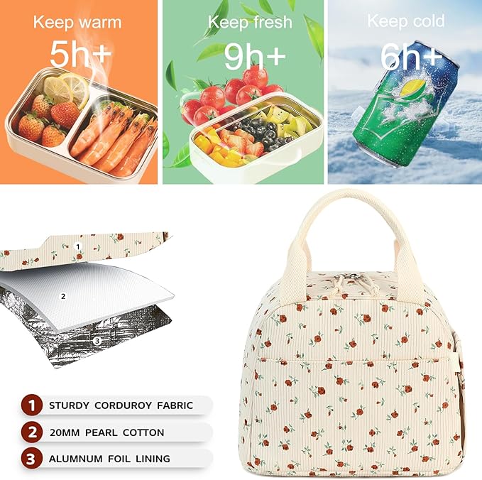 Bluboon Lunch Bag for Women Men Cute Corduroy Lunch Tote Bags Reusable Insulated Lunch Box Large Capacity Reusable Insulated Cooler for Work Picnic or Travel