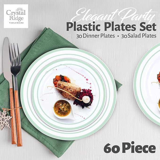 60 Pieces White Plastic Disposable Plates - Premium Heavy-Duty 30 Dinner Plates & 30 Salad Plates with Mint Green Rim Ideal for Party, Birthday and Special Events