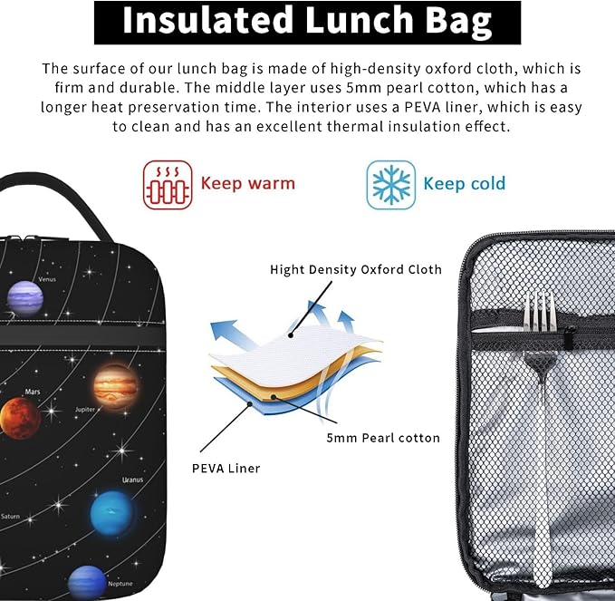 Planet Star Insulated Lunch Box for Girls Boys Kids Galaxy Solar System Lunch Bag for Women Men Adult Reusable Cooler Tote Bag for School Work Office Picnic Travel Hiking