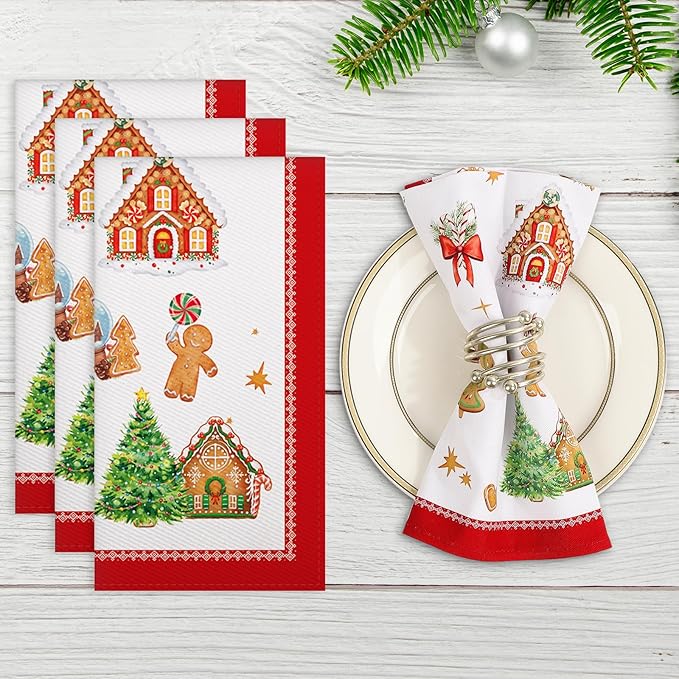 Christmas Napkins, 18×18 Inch Gingerbread Dinner Cloth Napkins Set of 6, Washable Cotton Soft Absorbent Square Napkins for Dining Kitchen Party Wedding Decoration