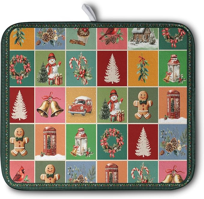 Christmas Dish Drying Mats for Kitchen Counter Cute Xmas Holiday Dish Drainer Pad Microfiber Absorbent Winter Dish Draining Mat Washable Dish Drainer Rack Mat Medium 16x18 Inch