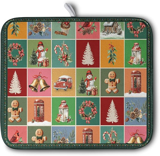 Christmas Dish Drying Mats for Kitchen Counter Cute Xmas Holiday Dish Drainer Pad Microfiber Absorbent Winter Dish Draining Mat Washable Dish Drainer Rack Mat Medium 16x18 Inch
