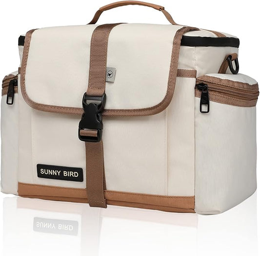 SUNNY BIRD Large Lunch Bag, Thermally Insulated Soft Cooler with Shoulder Strap for Women, Men (Classic Ivory)
