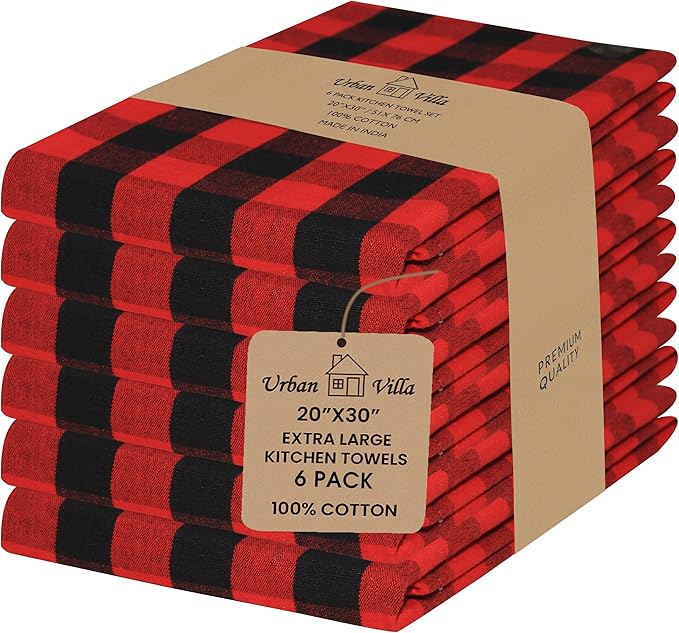 Urban Villa Buffalo Checks Kitchen Towels Set of 6 - Red/Black - 20x30 Inches - 100% Cotton - Highly Absorbent - Premium Quality - Ultra Soft - Mitered Corners