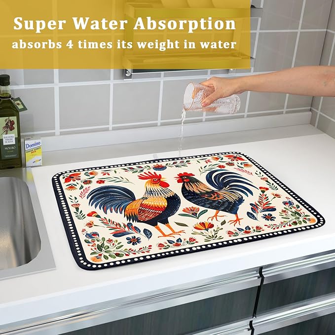 Rooster Poultry Dish Drying Mat for Kitchen Counter 18x24 Inch Microfiber Absorbent Colorful Printing Drying Pad
