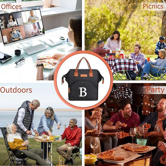 Personalized Lunch Box for Women, Initial Reusable Insulated Lunch Bag, Wide-Open Adult Lunchbox Cooler Lunchbag Snack Organizer, Initial Leakproof Lunch Tote Bag for Picnic Work Outdoors Black - U