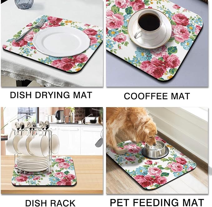 Rubber Dish Drying Mat for Kitchen Counter Large Pink Red Roses Floral Washable Quick Home Coffee Pad Fit Under Sink,Bar,Utensils 16x18in