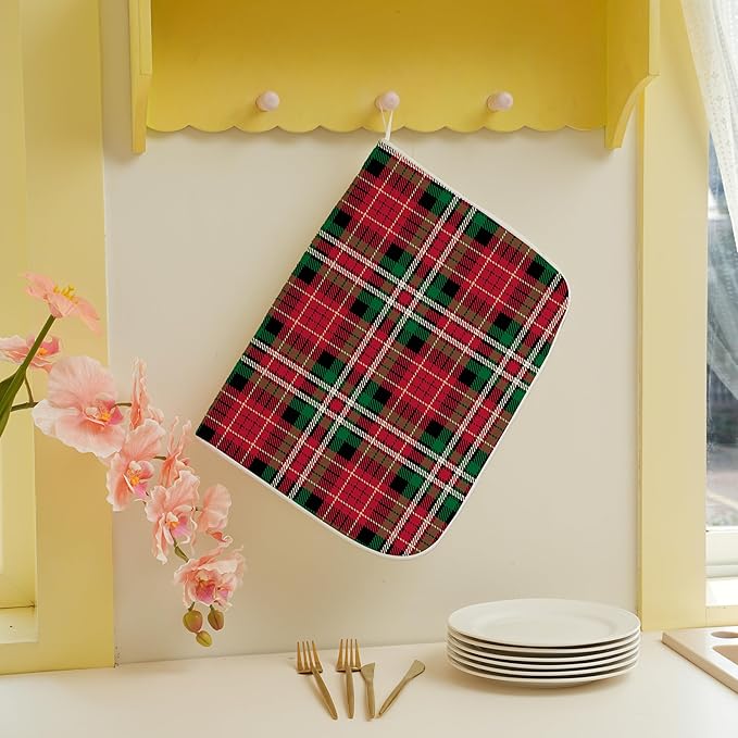 Christmas Drying Mat 18x24 Inches For Kitchen Counter Winter Red Green Buffalo Plaid Kitchen Decoration Drying Mat Decorative Pad for Kitchen Dining Room Decor