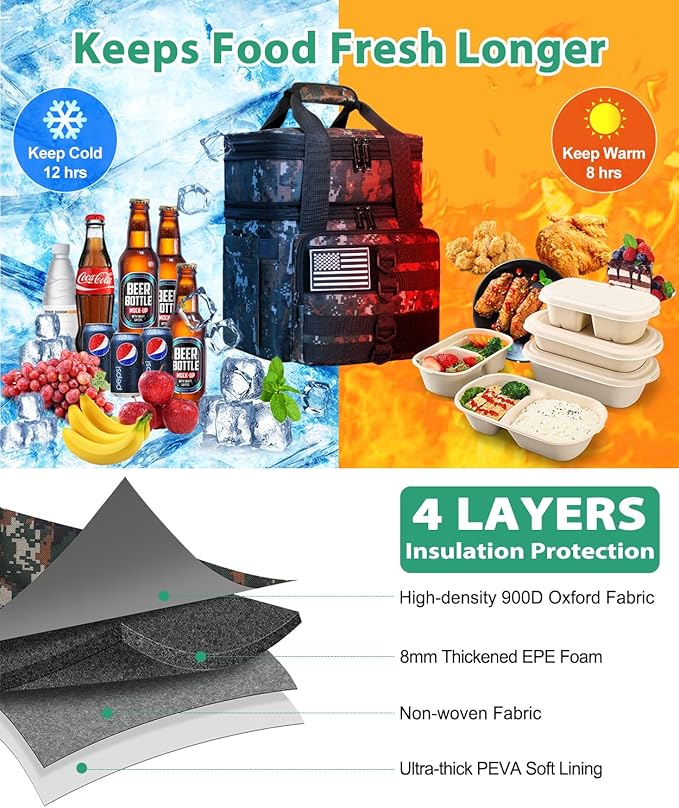 Tactical Lunch Box for Men, Large Insulated Lunch Bag for Adult, Heavy Duty Double Deck Expandable Lunch Cooler Bag with American Flag, Leakproof Soft Lunch Pail for Work Office Camping - Camo Green