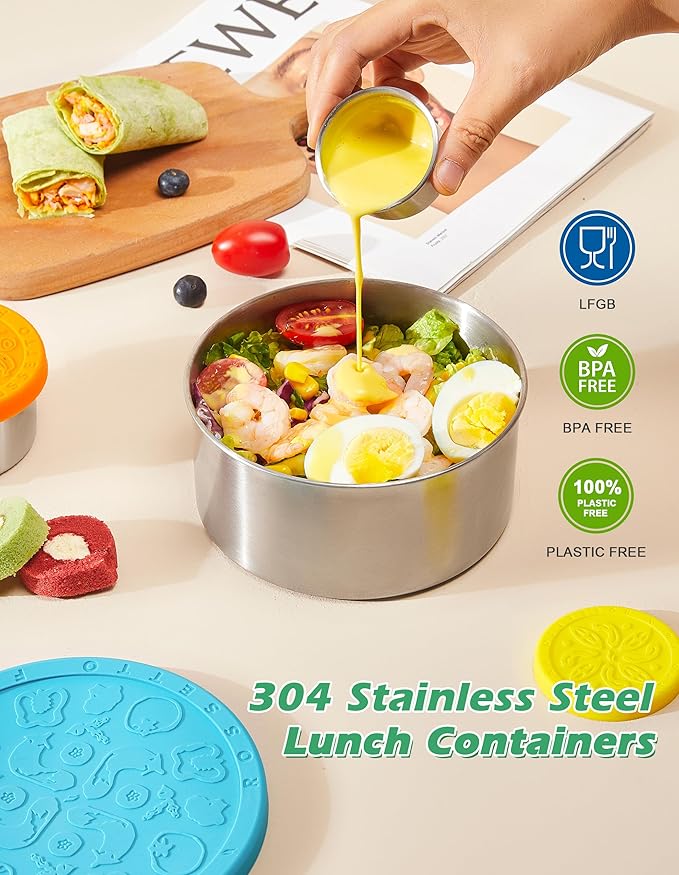 Stainless Steel Food Container with Lids, 6pcs stackable Metal Lunch Box Container for Kids, Daycare, School, Travel | leakproof Sauce Salad Dressing Container to go, From 1.7oz to 33.8oz