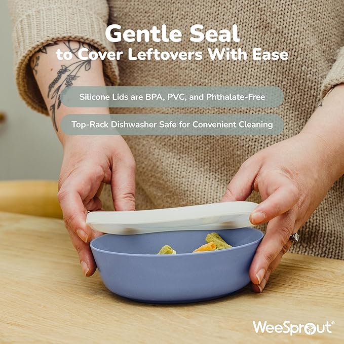 WeeSprout Bamboo Kids Bowls with Lids, Set of Four 15 oz Kid-Sized Bamboo Bowls, Bamboo Kid Bowls with Lids for Leftovers, Dishwasher Safe (Blue, Yellow, Orange, & Red)