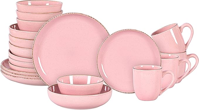 HomeVss 20-Piece Dinnerware Set - Serves 4, Shiny Glaze Pink with Speckle Effect Plates & Bowls Set | Microwave & Dishwasher Safe