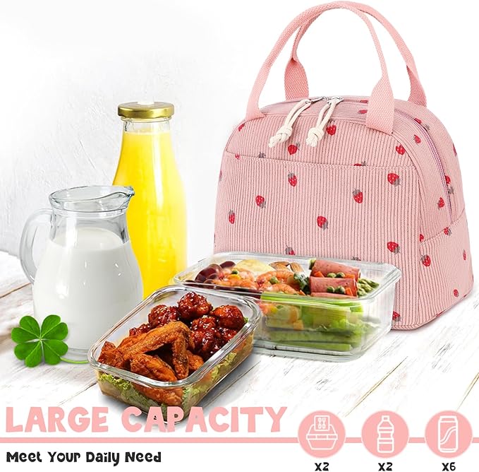 Bluboon Lunch Bag for Women Men Cute Corduroy Lunch Tote Bags Reusable Insulated Lunch Box Large Capacity Reusable Insulated Cooler for Work Picnic or Travel (Corduroy strawberry pink)