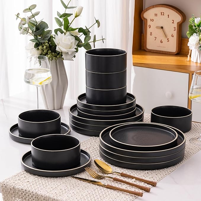 LERATIO Ceramic Dinnerware Sets for 6, High Edge Stoneware Plates and Bowls Set, Chip and Crack Resistant | Oven & Dishwasher & Microwave Safe Dishes Set, Service for 6 -Speckeld Black