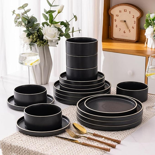 LERATIO Ceramic Dinnerware Sets for 6, High Edge Stoneware Plates and Bowls Set, Chip and Crack Resistant | Oven & Dishwasher & Microwave Safe Dishes Set, Service for 6 -Speckeld Black