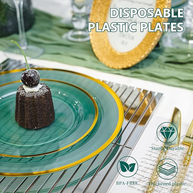 120PCS Green Plastic Plates with Gold Rim, Heavy Duty Disposable Plate, Fancy and Elegant Circular Ribbed 60 Dinner and Dessert Plates for Party, Weddings