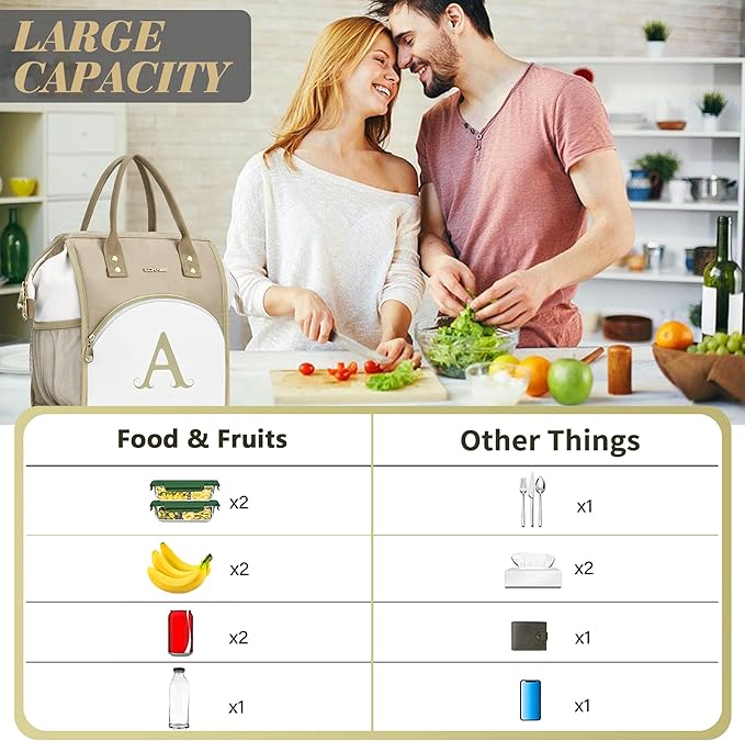 Personalized Lunch Box for Women, Reusable Insulated Lunch Bag, Wide-Open Adult Lunchbox Cooler Lunchbag Snack Organizer, Initial Leakproof Lunch Tote Bag for Picnic Work Outdoors, E