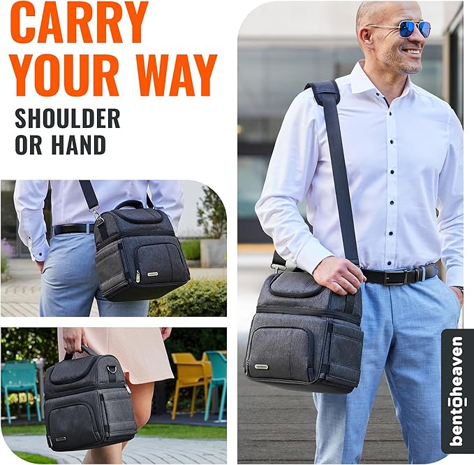 Bentoheaven Lunch Bag & Lunch Box for Men and Women - Premium Materials, Extra Large Capacity (24 Cans) Double Deck - Leakproof Insulated Soft Large Adult Lunch Cooler Bag for Work, Travel (15L,Gray)