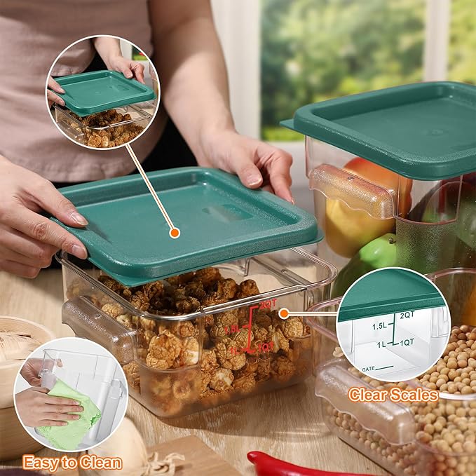 Suclain 8 Pcs Food Storage Container with Lids Set 2qt and 4qt Square Clear Commercial Containers with Scales Handles for Home Restaurant Kitchen Food Storage, Marinating Meat, Proof Dough (Green)