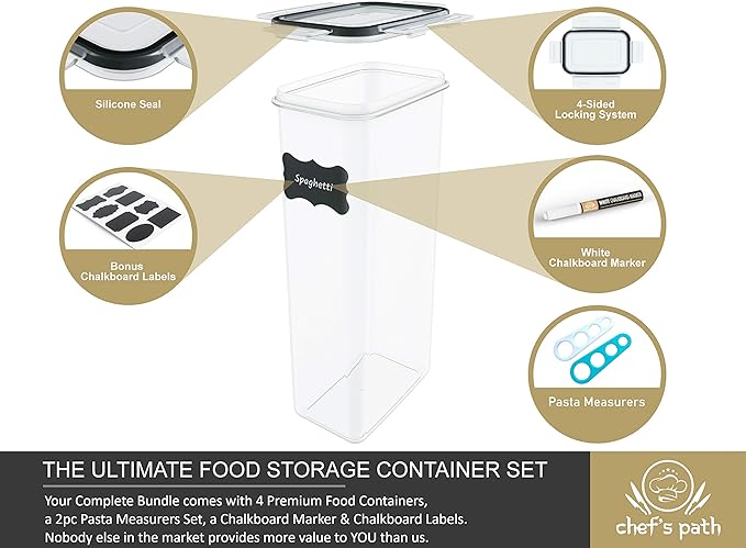 Chef's Path Airtight Food Storage Containers (Set of 4, 2.8L) - Tall for Pantry & Kitchen Organization, Pasta, Spaghetti, Noodles, Cereal - Lids, Noodle Measure and Reusable Labels Included