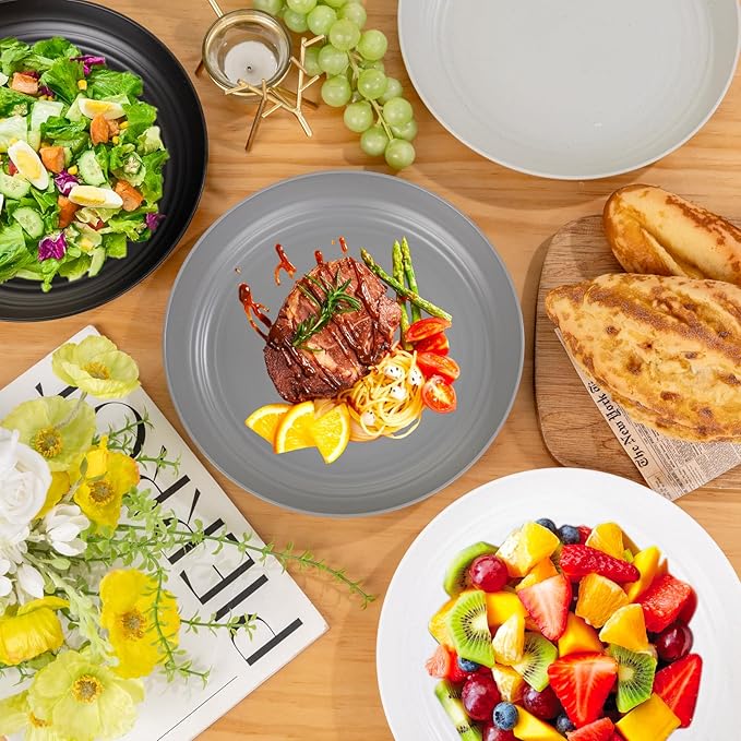 supernal 10" Wheat Straw Dinner Plates Reusable&Durable Plastic Plates,Dishwasher Safe,16-Pack (4 White, 4 Light Gray, 4 Dark Gray, 4 Black), Versatile Tableware for Home and Outdoor