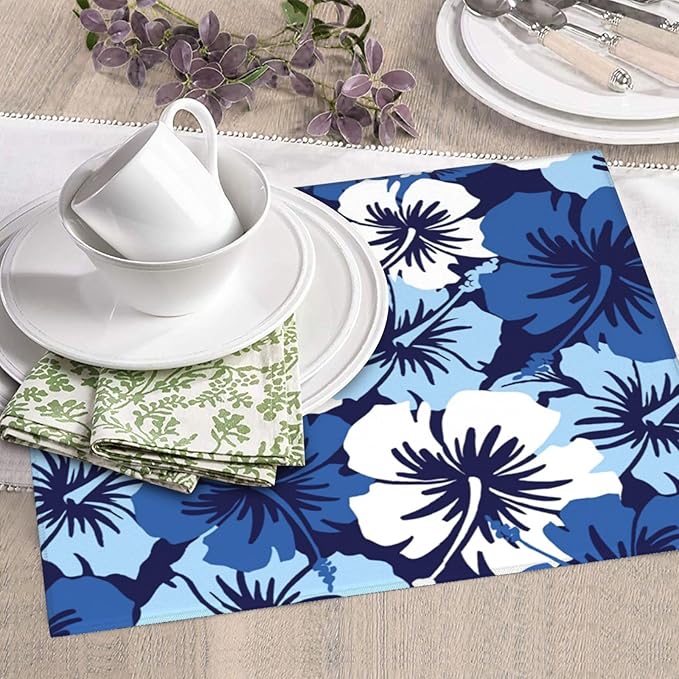 Blue Hawaii Flowers Dish Drying Mat, Blossom Floral Kitchen Counter Mat Rubber Backing Draining Mat Easy Clean Kitchen Accessories Dish Rack Pad for Dishes, Utensils, Countertops, Coffee Sinks 18X24''