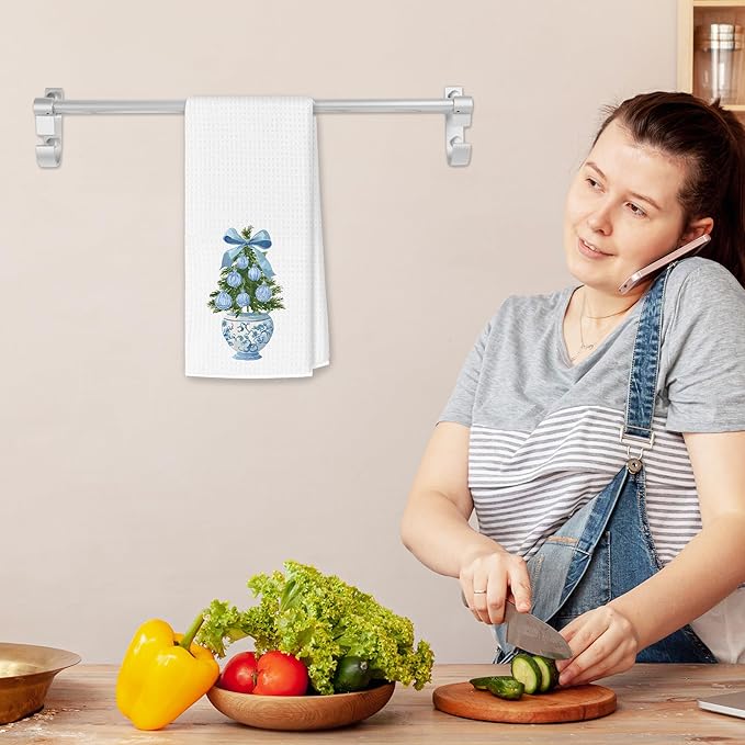 Blue Bow Chinoiserie Christmas Tree Kitchen Towels, Christmas Dish Tea Towels, Blue and White Grandmillennial Xmas Tree Hand Towel for Kitchen Bathroom Decor, 16x24 Inches