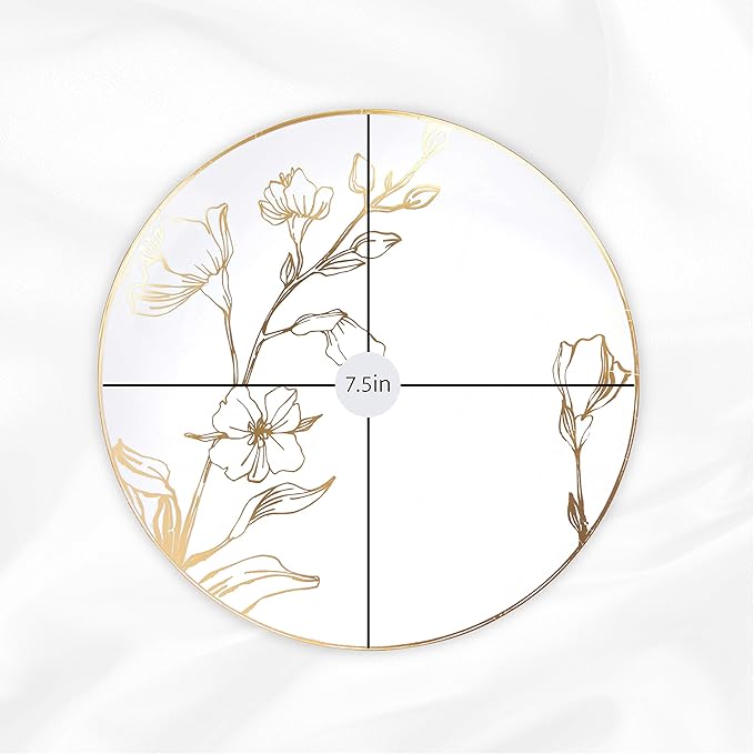[7'' Plates 10 Count] White Plastic Floral Design Party Plates With Gold Rim Premium heavyweight Elegant Disposable Tableware Dishes