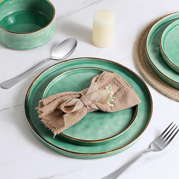 LIANYU 16 Piece Dinnerware Sets with Double Bowls, Plates and Bowls Dish Set for 4, Ceramic Dinner Ware Dishware for Kitchen Dining, Microwave & Dishwasher Safe, Emerald Green