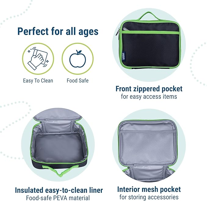 Wildkin Kids Insulated Lunch Box – Durable and Reusable for School & Travel - Rip-Stop Black/Green