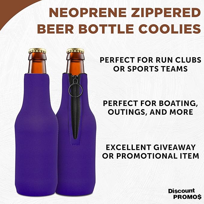 10 Neoprene Zippered Beer Bottle Coolies Pack - Sharkskin Rubber Bottom - Purple