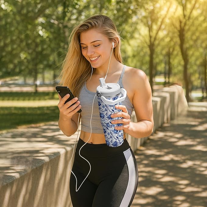 30oz Floral Tumbler – Blue and White Stainless Steel Insulated Travel Mug – Elegant Coffee Cup with Handle Lid – Gift for Women, Mom, Friends, Teachers