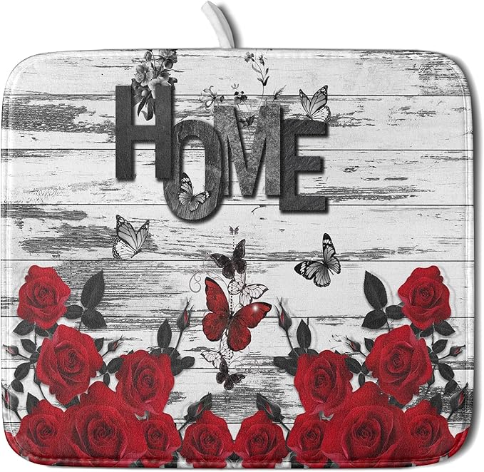 Red Rose Dish Drying Mat 16x18 inch Romantic Floral Absorbent Microfiber Sink Counter Dishware Drainer Pad for Kitchen Coffee Bar Decor