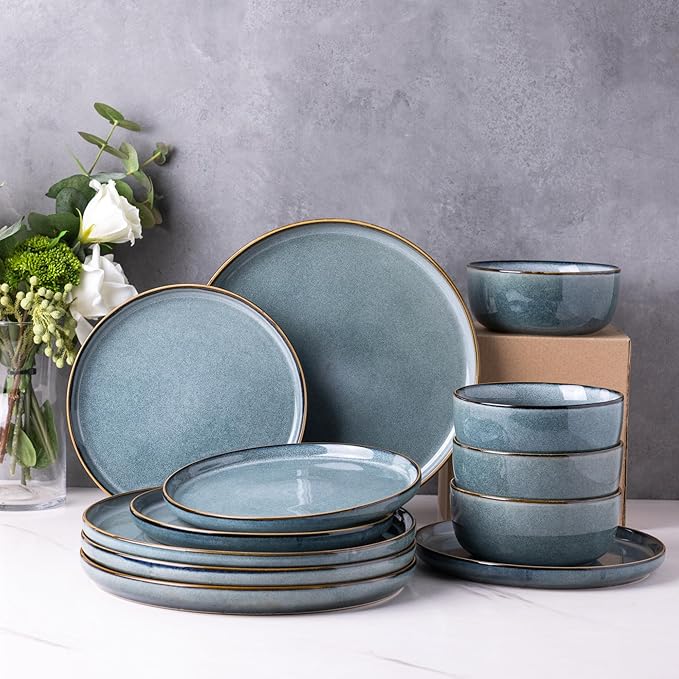 GBHOME Ceramic Dinnerware Sets for 8, 24 Pieces Stoneware Plates and Bowls Sets, Scratch Resistant Dishes, Dishwasher & Microwave Safe, Reactive Glaze-Space