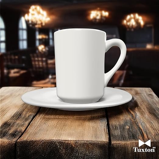 Tuxton China TRE-017 Tiara Mug, 8 oz., 3" Diameter x 3-7/8"H, Microwave and Dishwasher Safe, Oven Proof, Fully Vitrified, Ceramic, TuxCare, Healthcare, Reno/Nevada, American White/Eggshell, Pack of 36