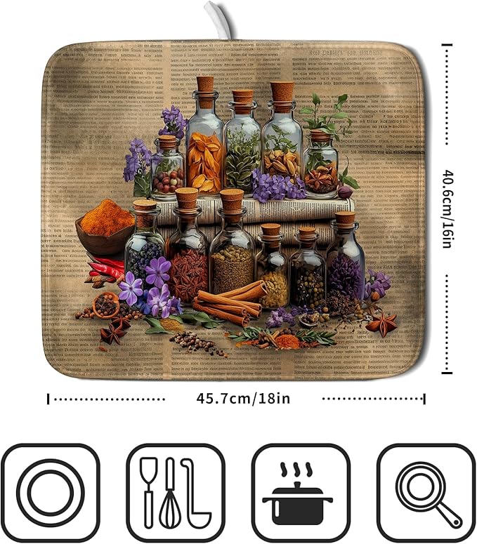 Vintage Kitchen Dish Drying Mat - Spice Bottle Decorative Dish Sink Rack Pad 16 X 18 Inch