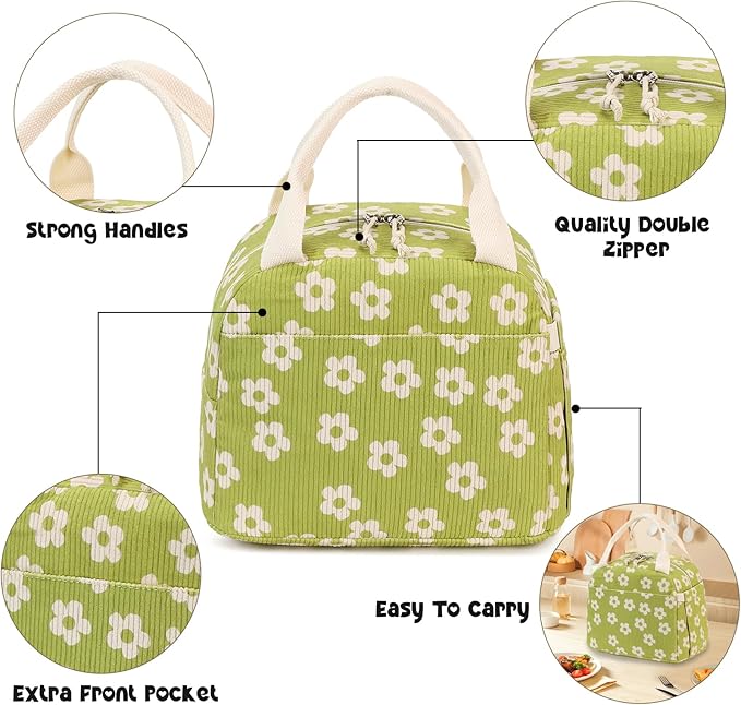 Bluboon Lunch Bag for Women Men Cute Corduroy Lunch Tote Bags Reusable Insulated Lunch Box Large Capacity Reusable Insulated Cooler for Work Picnic or Travel