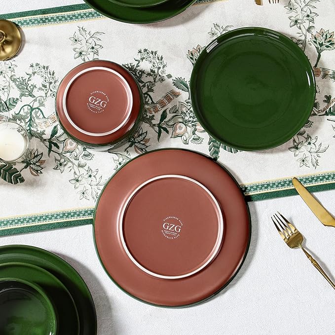 GZG Modern Art Series - 12 Pcs Speckled Stoneware Plates and Bowls Sets, Ceramic Dinnerware Set with Rustic Terracotta Underside, Microwave and Dishwasher Safe Handcrafted Dishes Set - Verdant Green