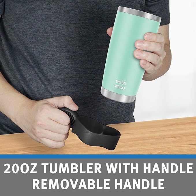 WETOWETO 20oz Tumbler with 2 lids and 2 straws, Stainless Steel Vacuum Insulated Water Coffee Tumbler Cup with Handle, Double Wall Powder Coated Travel Mug Thermal Cup (Light Green, 1 Pack)